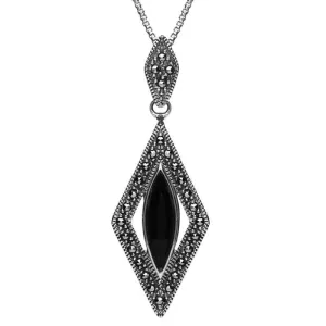 Sterling Silver Whitby Jet Marcasite Marquise Necklace