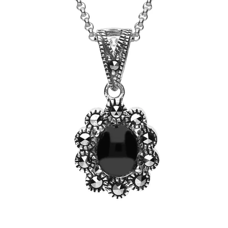 Sterling Silver Whitby Jet Marcasite Oval Beaded Edge Two Piece Set