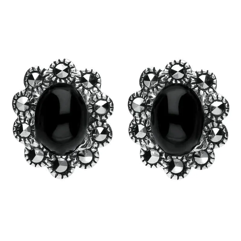 Sterling Silver Whitby Jet Marcasite Oval Beaded Edge Two Piece Set