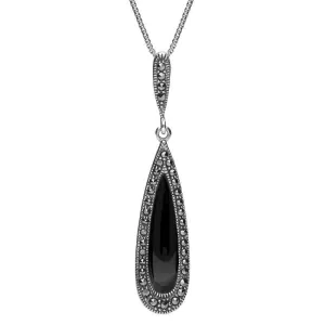 Sterling Silver Whitby Jet Marcasite Pear Drop Necklace