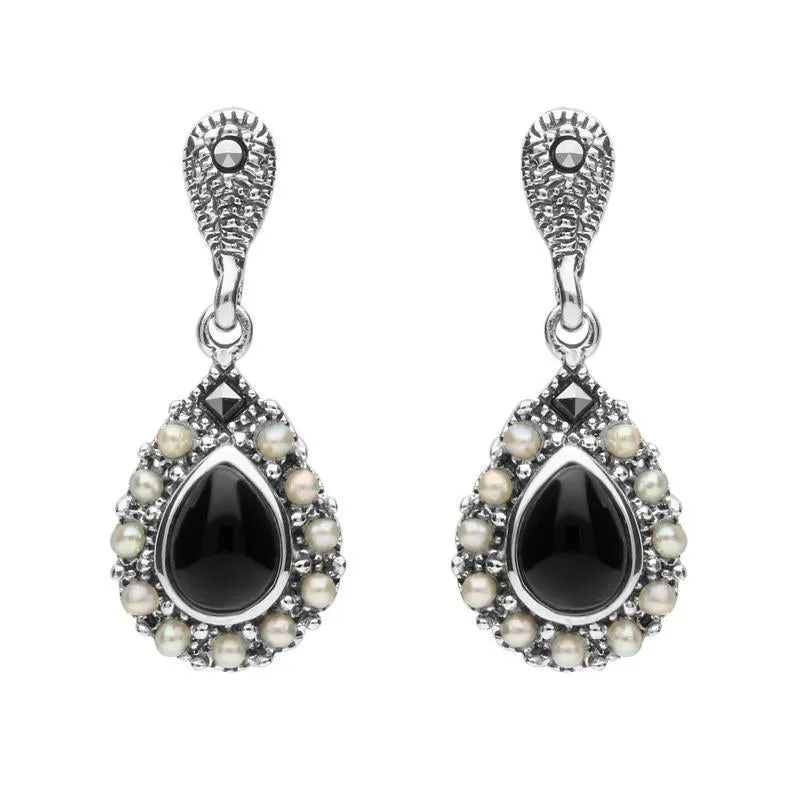 Sterling Silver Whitby Jet Marcasite Pearl Round Edge Bead Drop Earrings