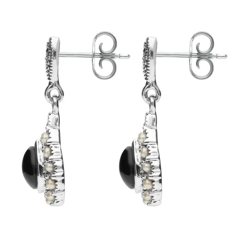 Sterling Silver Whitby Jet Marcasite Pearl Round Edge Bead Drop Earrings