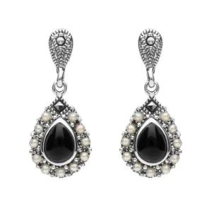 Sterling Silver Whitby Jet Marcasite Pearl Round Edge Bead Drop Earrings