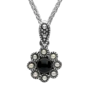 Sterling Silver Whitby Jet Marcasite Pearl Rounded Bead Edge Necklace