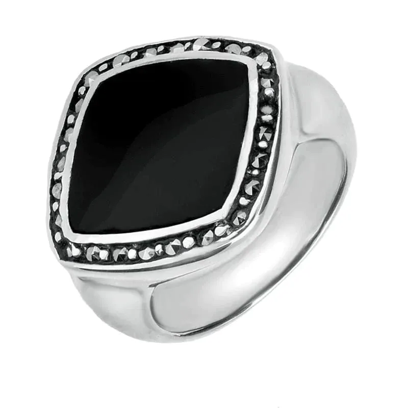 Sterling Silver Whitby Jet Marcasite Rhombus Framed Ring