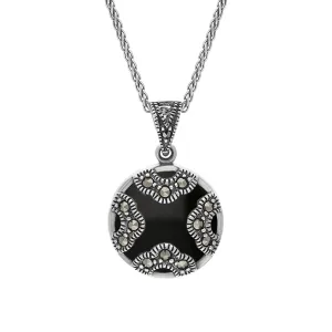 Sterling Silver Whitby Jet Marcasite Rounded Arc Necklace