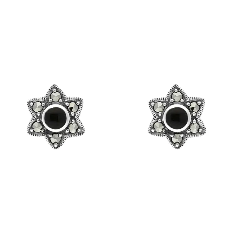 Sterling Silver Whitby Jet Marcasite Six Point Star Stud Earrings