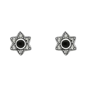 Sterling Silver Whitby Jet Marcasite Six Point Star Stud Earrings