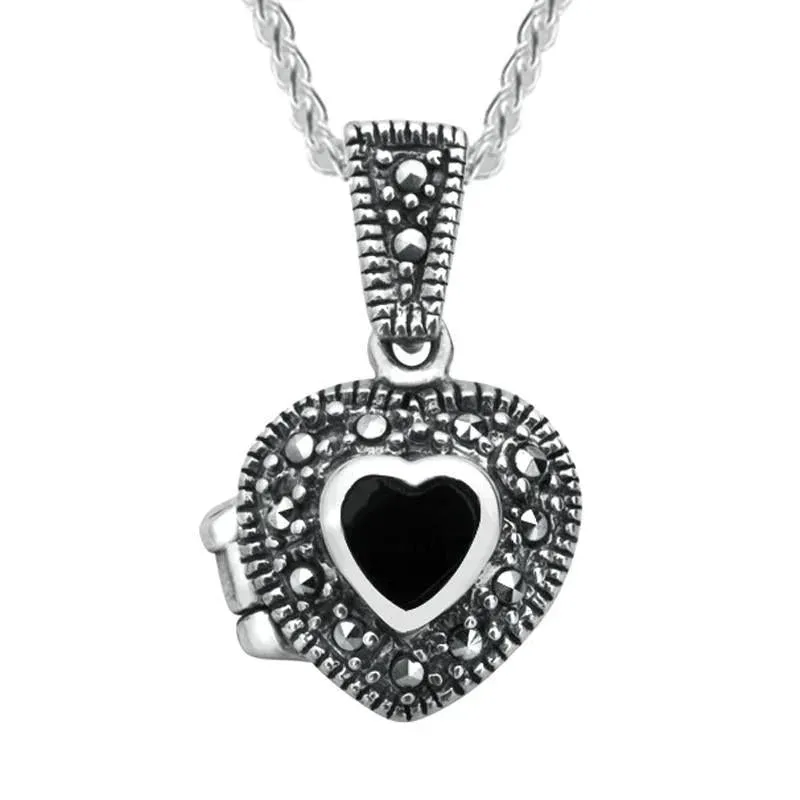 Sterling Silver Whitby Jet Marcasite Small Bead Edge Heart Locket