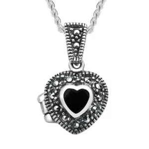 Sterling Silver Whitby Jet Marcasite Small Bead Edge Heart Locket