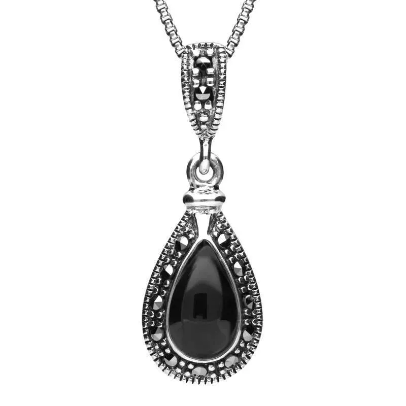Sterling Silver Whitby Jet Marcasite Small Beaded Pear Necklace