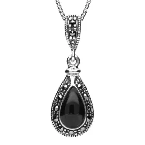 Sterling Silver Whitby Jet Marcasite Small Beaded Pear Necklace