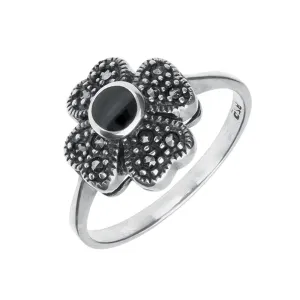 Sterling Silver Whitby Jet Marcasite Small Flower Ring
