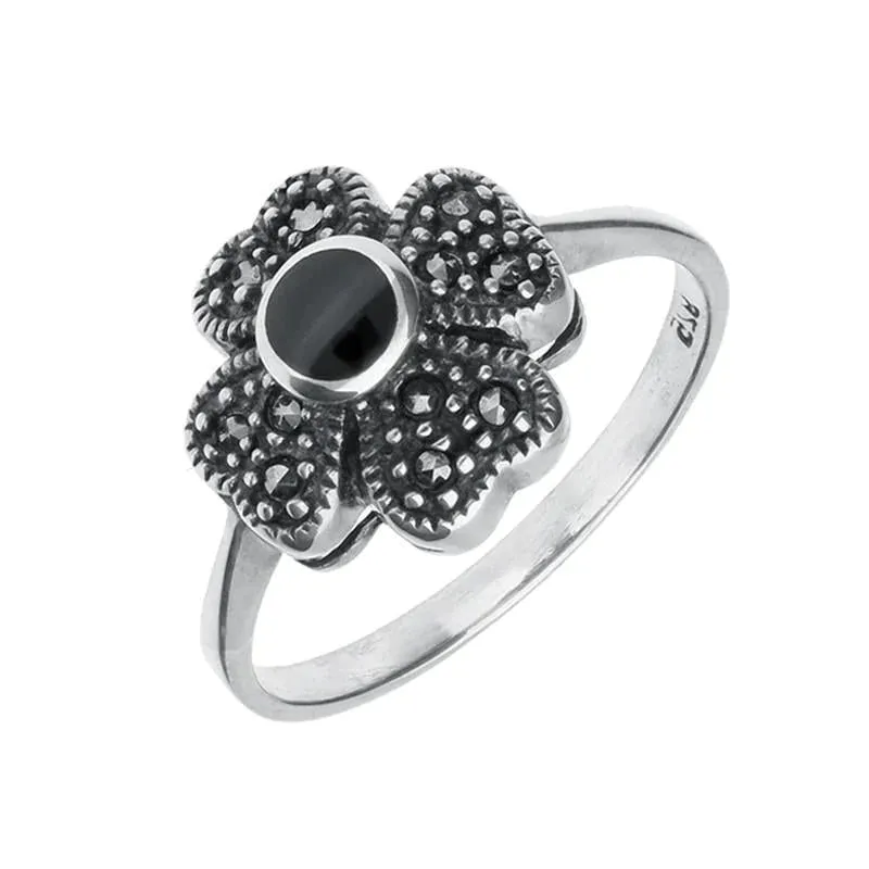 Sterling Silver Whitby Jet Marcasite Small Flower Ring