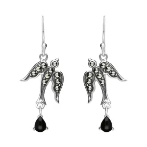 Sterling Silver Whitby Jet Marcasite Swallow Drop Earrings