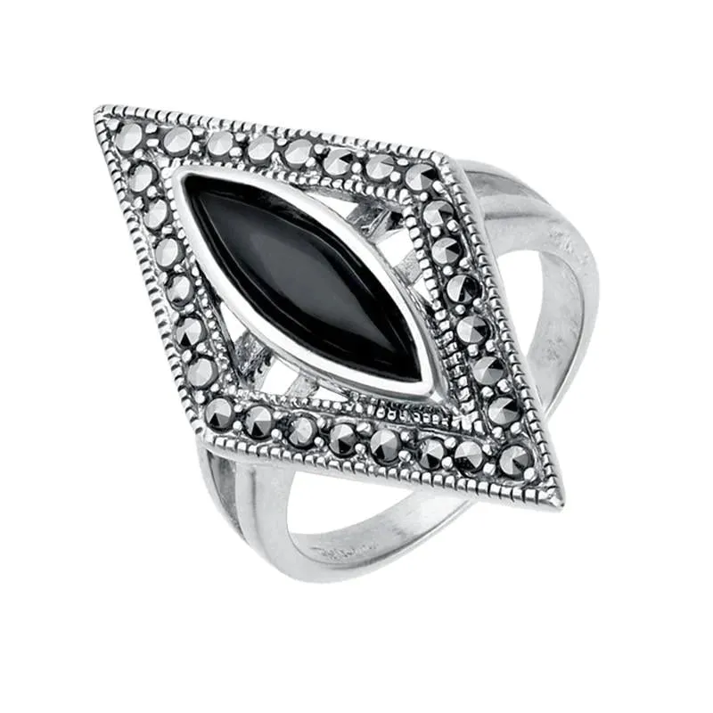 Sterling Silver Whitby Jet Marcasite Triangle Ring