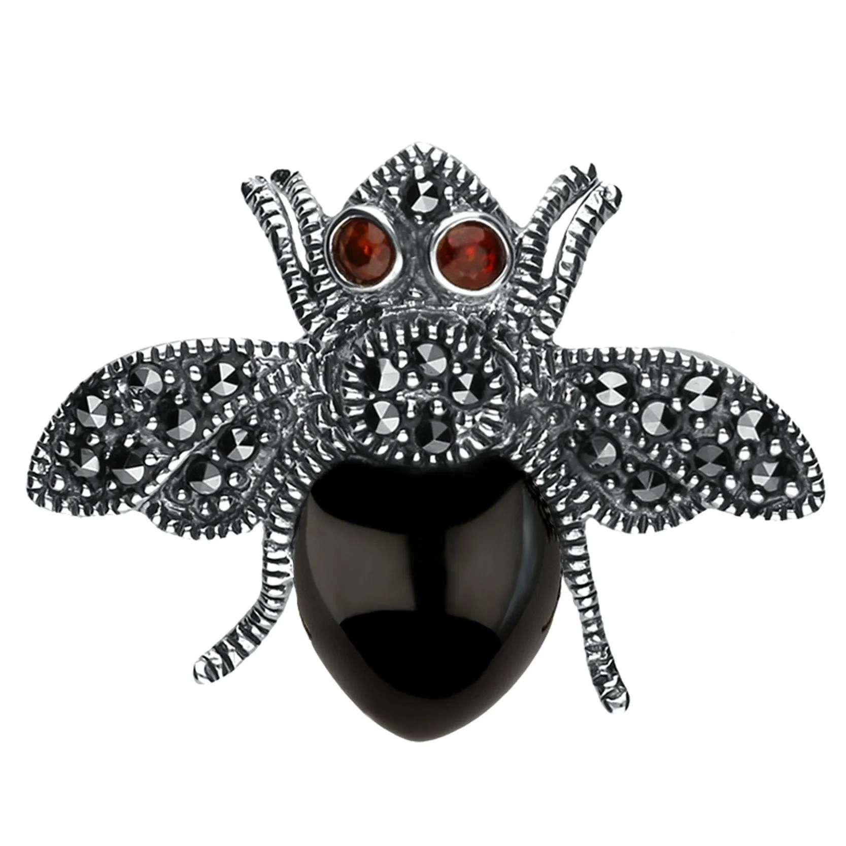 Sterling Silver Whitby Jet Marcasite Wings Garnet Bee Brooch