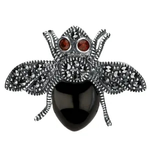 Sterling Silver Whitby Jet Marcasite Wings Garnet Bee Brooch