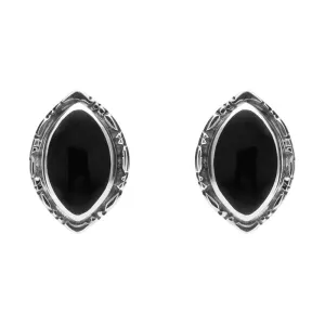 Sterling Silver Whitby Jet Marquise Beaded Edge Stud Earrings