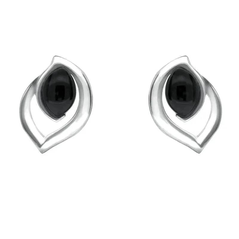 Sterling Silver Whitby Jet Marquise Flame Stud Earrings