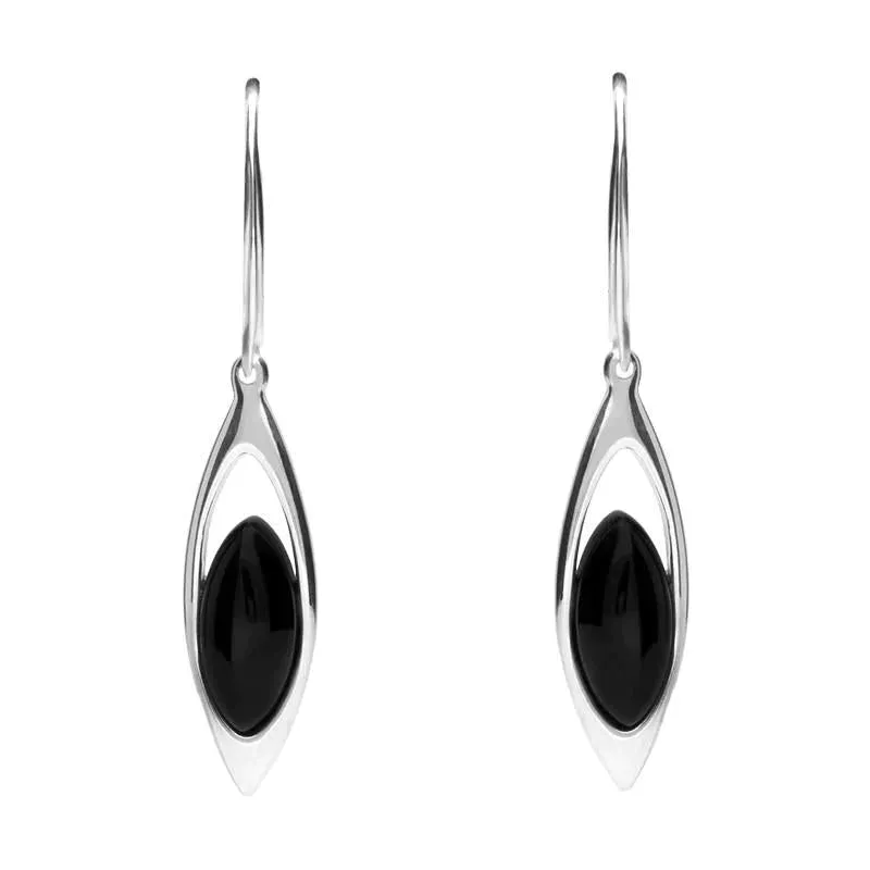 Sterling Silver Whitby Jet Marquise Open Drop Hook Earrings