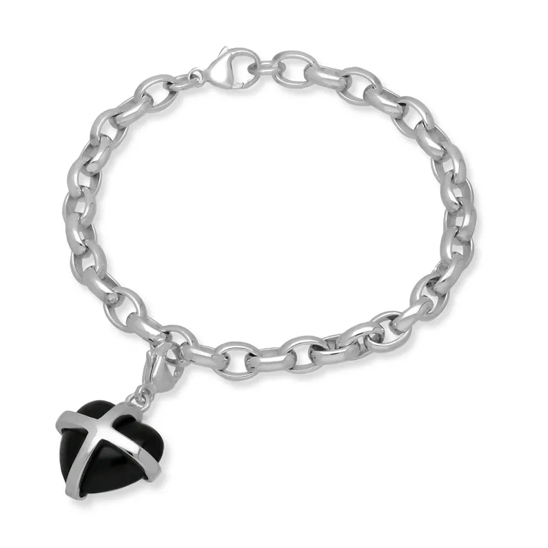 Sterling Silver Whitby Jet Medium Cross Heart Charm Bracelet