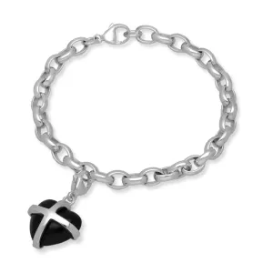 Sterling Silver Whitby Jet Medium Cross Heart Charm Bracelet