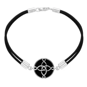 Sterling Silver Whitby Jet Mission Band Logo on Leather Thong Bracelet