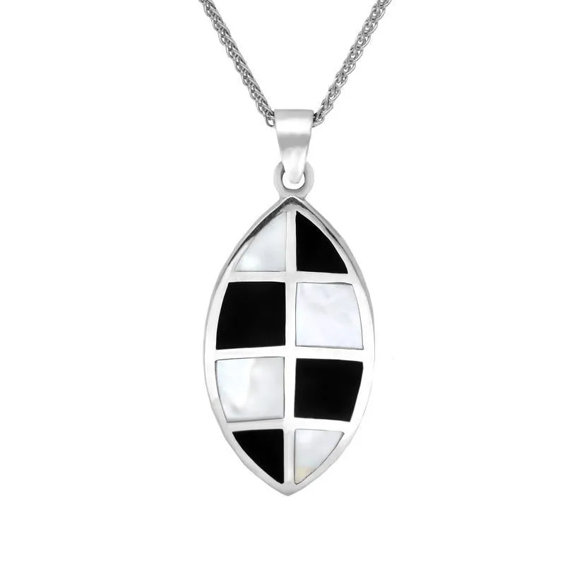 Sterling Silver Whitby Jet Mother of Pearl Eight Stone Curved Marquise Necklace