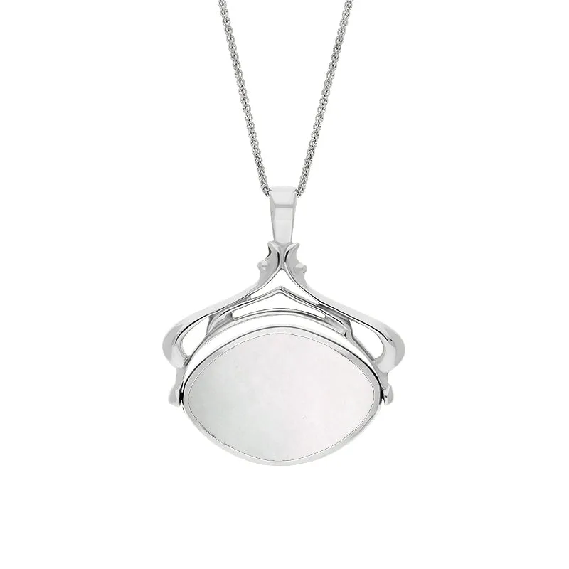 Sterling Silver Whitby Jet Mother Of Pearl Marquise Swivel Fob Necklace