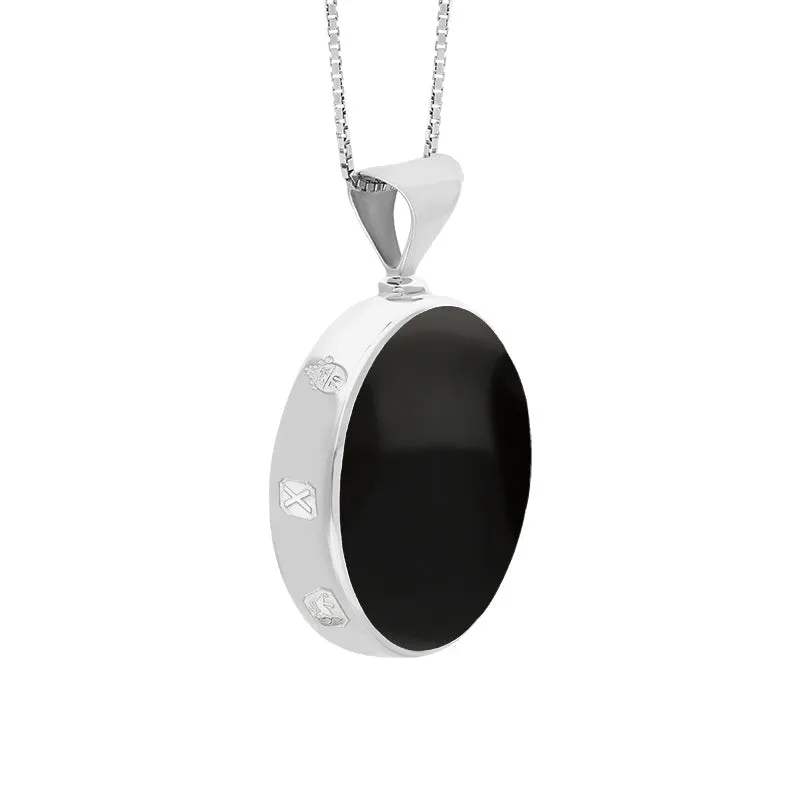 Sterling Silver Whitby Jet Mother of Pearl Queens Jubilee Hallmark Double Sided Round Necklace D