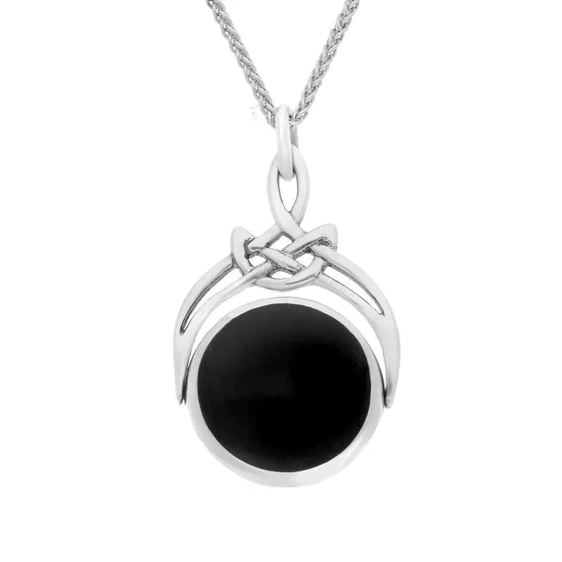 Sterling Silver Whitby Jet Mother of Pearl Round Swivel Fob Necklace