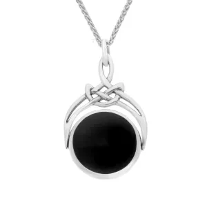 Sterling Silver Whitby Jet Mother of Pearl Round Swivel Fob Necklace