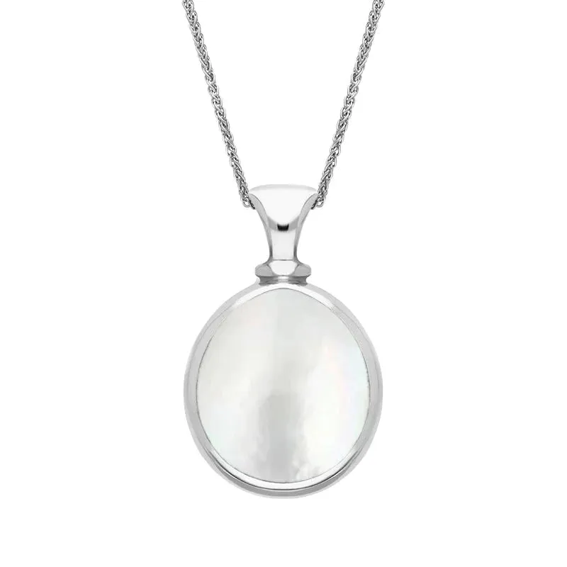 Sterling Silver Whitby Jet Mother Of Pearl Small Double Sided Pear Fob Necklace