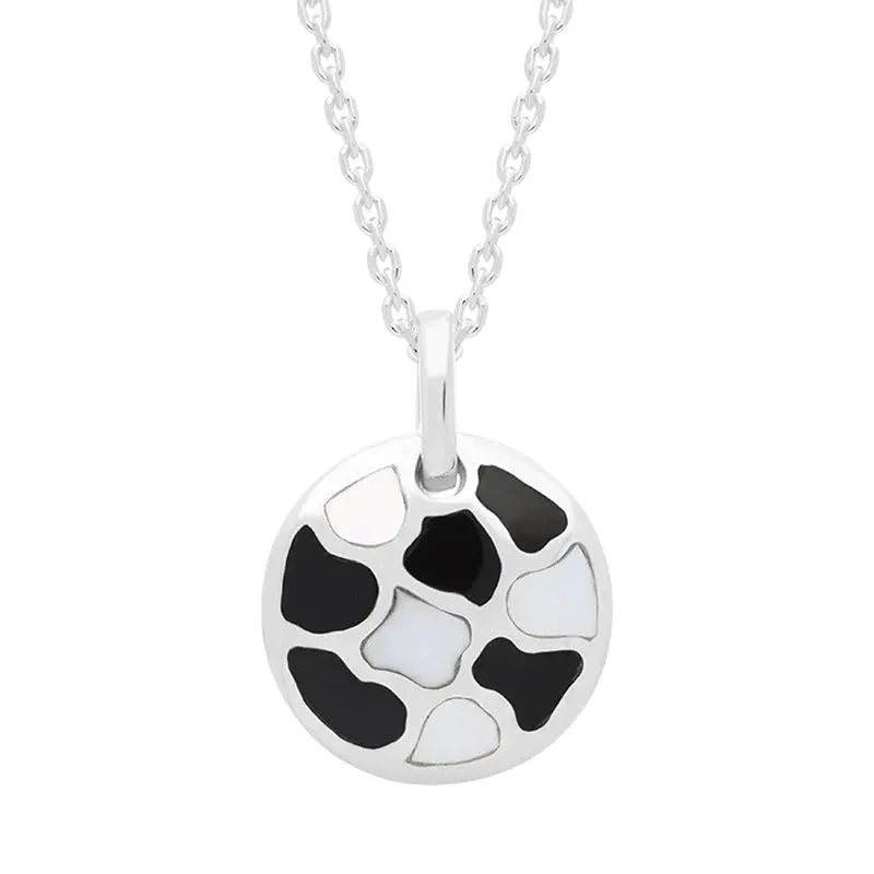 Sterling Silver Whitby Jet Mother of Pearl Small Round Pendant Necklace D