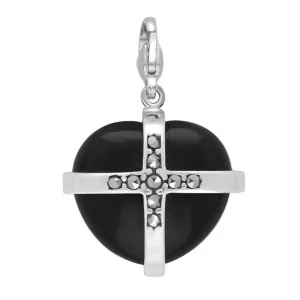 Sterling Silver Whitby Jet Nine Marcasite Cross Heart Charm