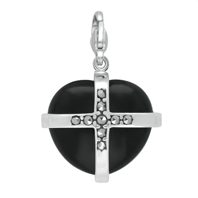 Sterling Silver Whitby Jet Nine Marcasite Cross Heart Charm