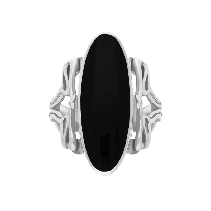Sterling Silver Whitby Jet  Oval Carved Edge Ring