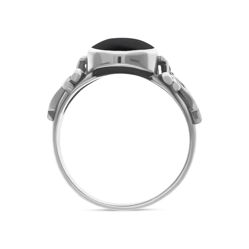 Sterling Silver Whitby Jet  Oval Carved Edge Ring
