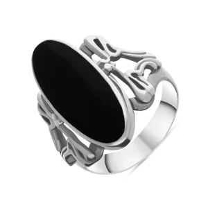 Sterling Silver Whitby Jet  Oval Carved Edge Ring