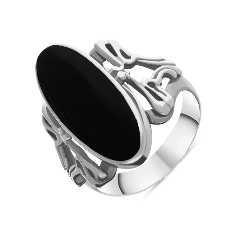 Sterling Silver Whitby Jet  Oval Carved Edge Ring