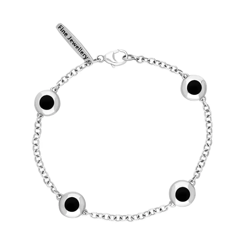 Sterling Silver Whitby Jet Oval Heart Detail Four Stone Bracelet