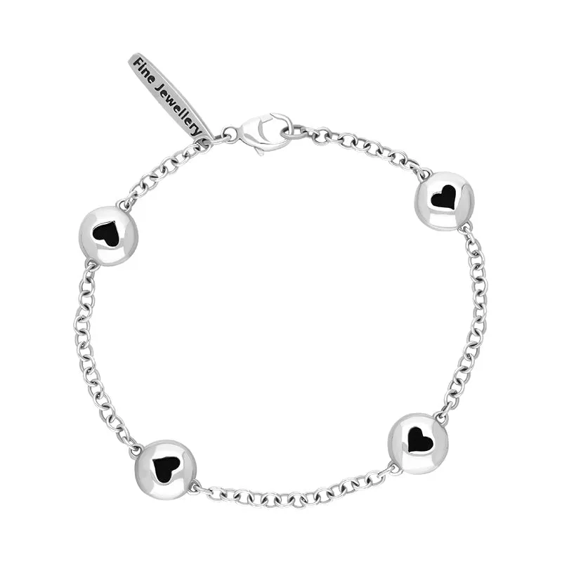 Sterling Silver Whitby Jet Oval Heart Detail Four Stone Bracelet
