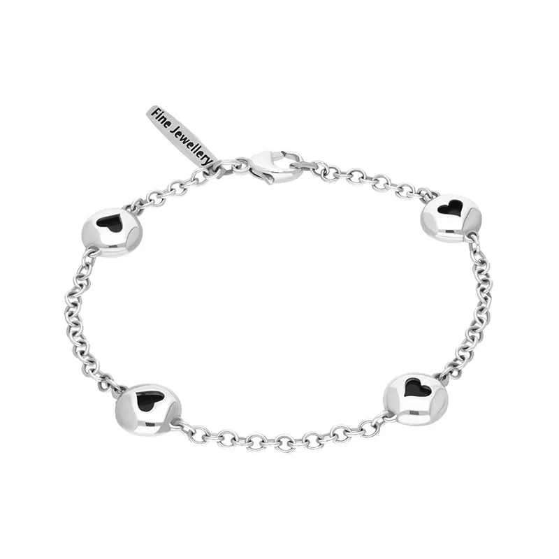 Sterling Silver Whitby Jet Oval Heart Detail Four Stone Bracelet