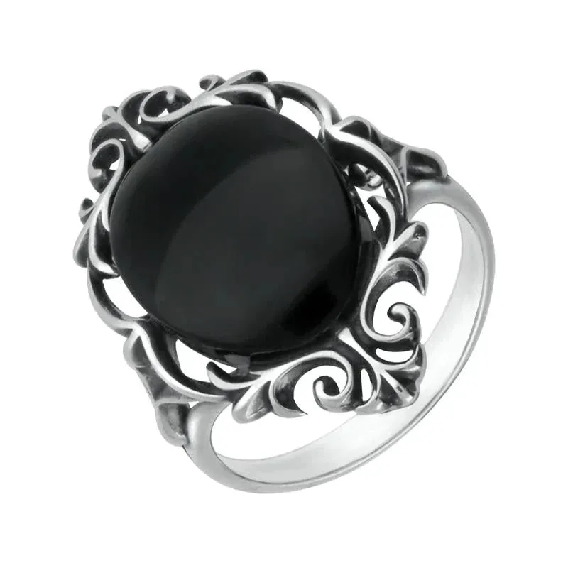 Sterling Silver Whitby Jet  Oval Open Carved Ring