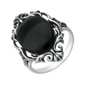 Sterling Silver Whitby Jet  Oval Open Carved Ring