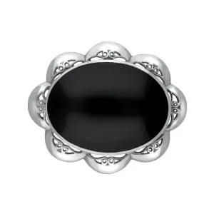 Sterling Silver Whitby Jet Oval Scalloped Edge Brooch