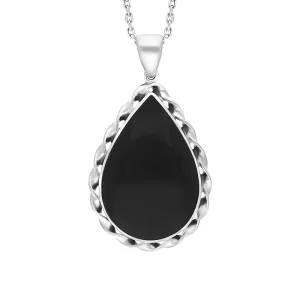 Sterling Silver Whitby Jet Pear Rope Edge Necklace D
