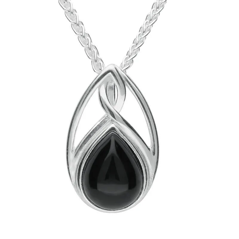 Sterling Silver Whitby Jet Pear Shaped Celtic Twist Drop Necklace