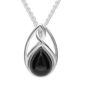 Sterling Silver Whitby Jet Pear Shaped Celtic Twist Drop Necklace